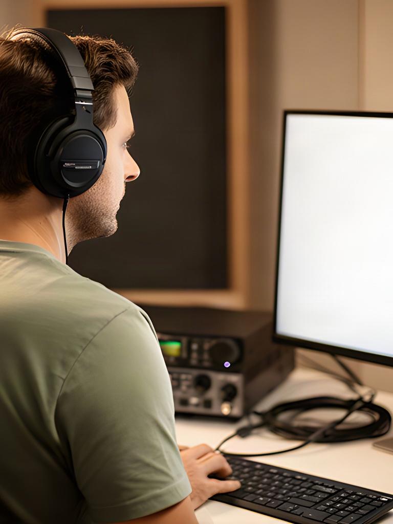 編集済みのポッドキャスト音声をヘッドホンで最終確認する、落ち着いたスタジオの作業机