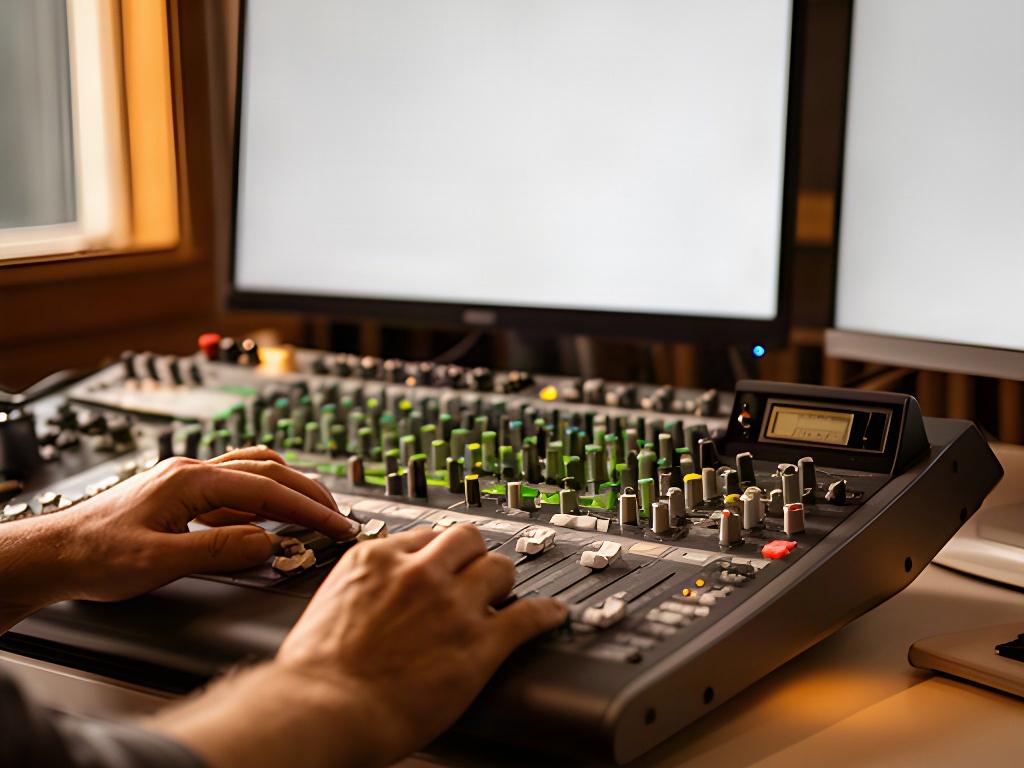 音声編集の卓上で、複数の音声トラックを確認しながらミキサーを操作する様子