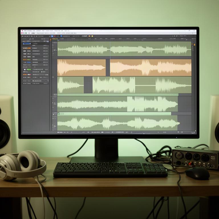 音声編集 東京の作業環境で、波形と複数の音声トラックを表示した編集画面