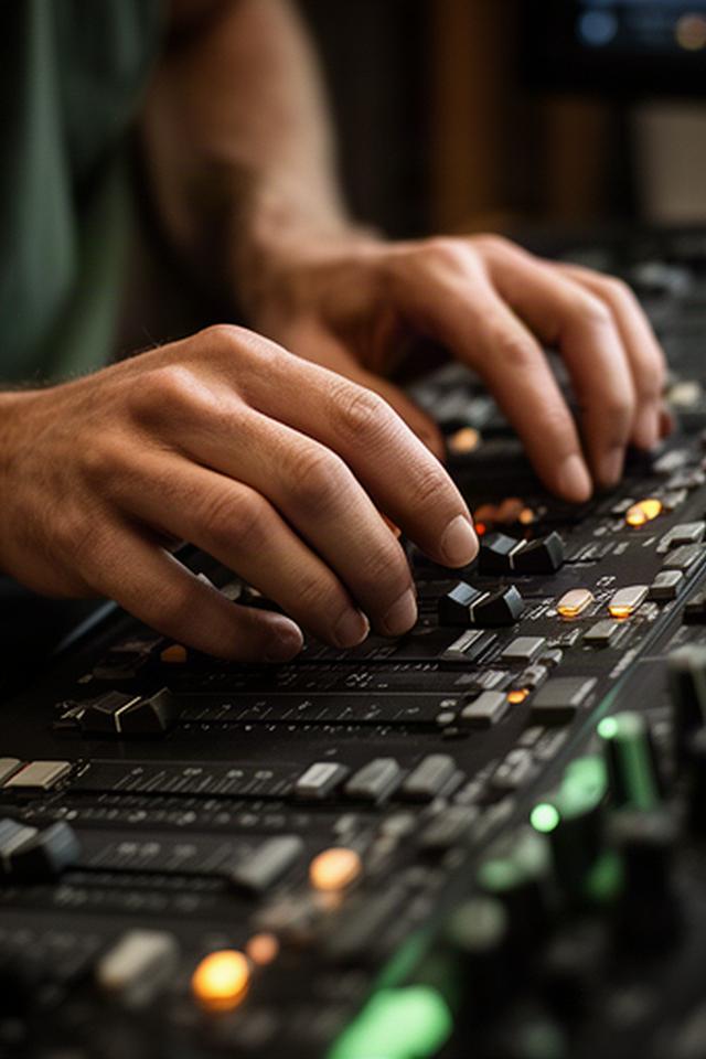 音声エンジニアがミキシングコンソールのフェーダーを操作し収録レベルを調整する手元