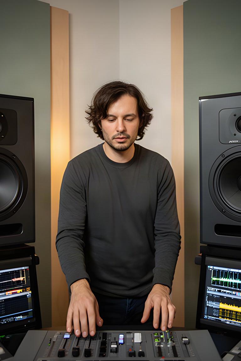 モニタースピーカーの前で音量メーターを見比べ、音声レベルを整えるエンジニア