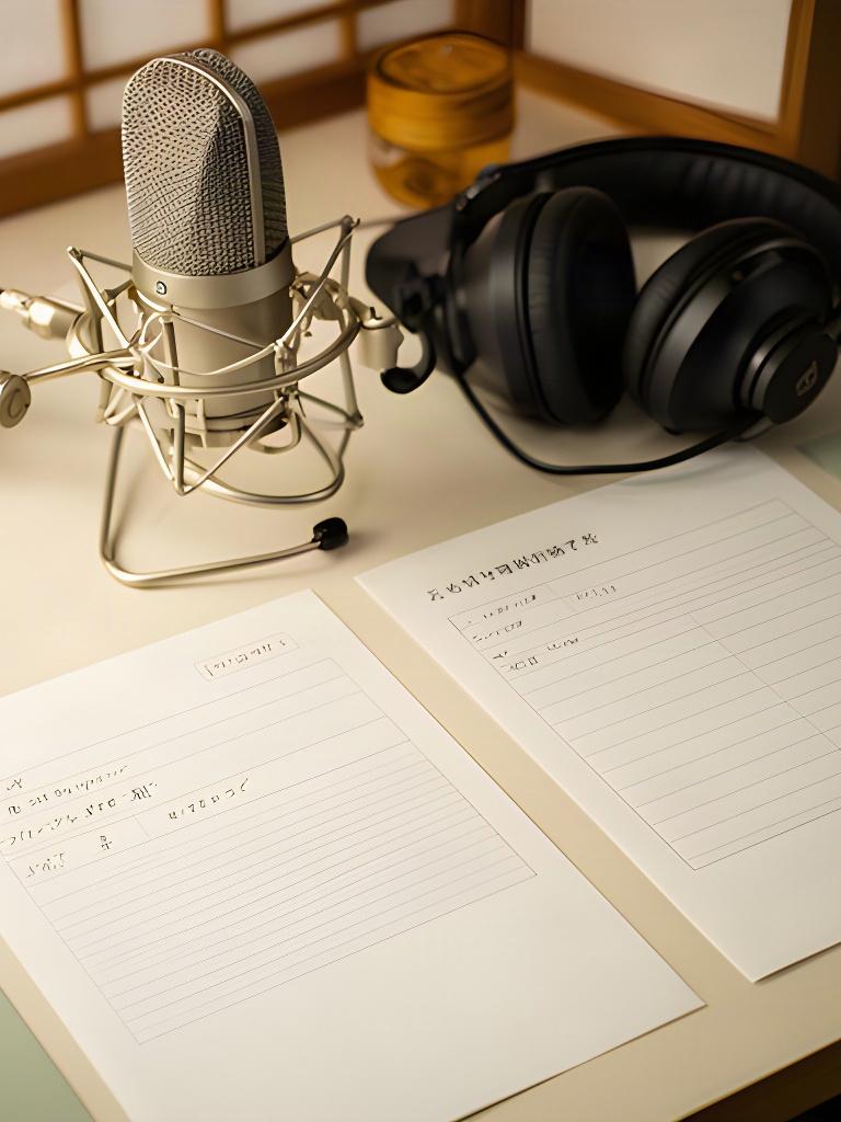 オンライン番組の収録準備で台本とマイクを並べ日本語と英語の進行を確認する様子