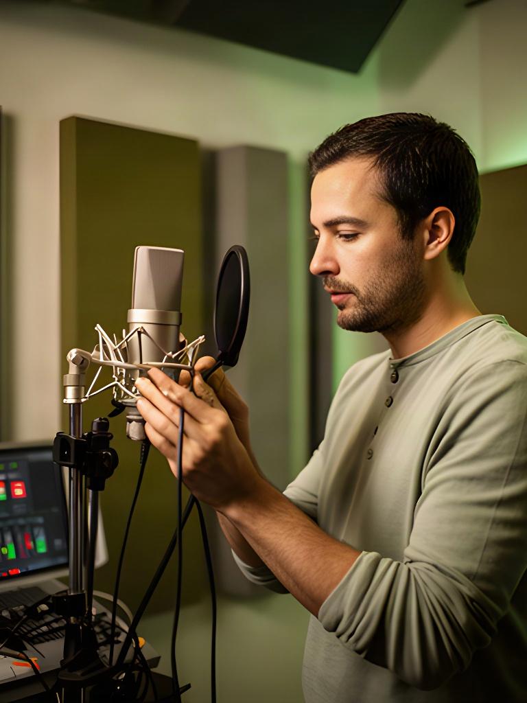 収録室で音声レベルを確認しながら、インタビュー用マイクを調整する音声エンジニア