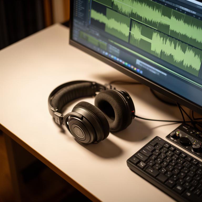 音声編集画面を表示したスタジオの作業机と、編集確認用のモニターヘッドホン