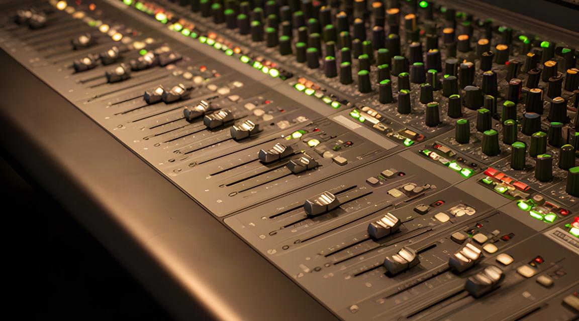 収録音声を確認するミキシング卓と、各チャンネルのレベルが整った操作面
