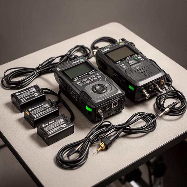 本番収録用レコーダーとバックアップ機を並べた机、予備電池と接続ケーブルを整理した現場の記録環境