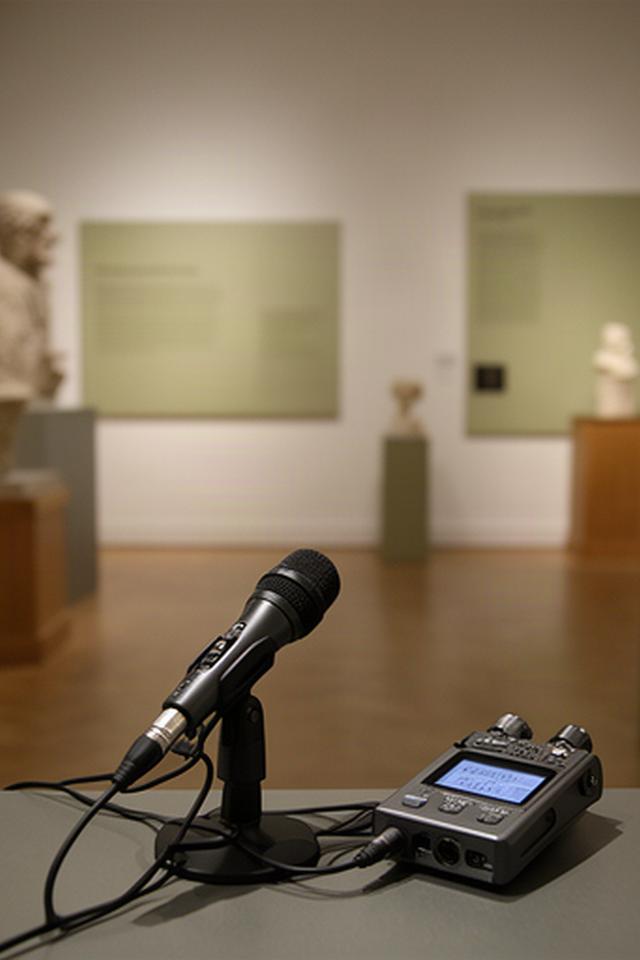 博物館の展示室に置かれた小型マイクと録音機材、解説音声の収録前に静かな室内を確認する様子