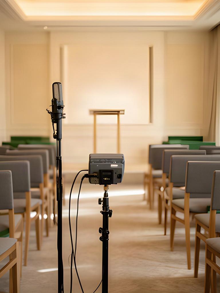 ホテルの小規模イベント会場に設置したマイクスタンドと録音機材、参加者が着席する前の落ち着いた会場