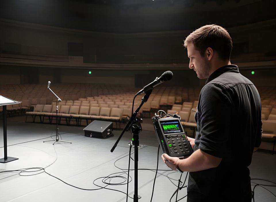 イベント開始前のステージで登壇者用マイクをテストし、音響スタッフがレコーダーの波形と入力レベルを確認