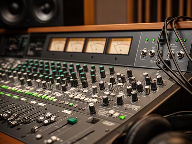 インタビュー音声の入力とモニターを確認する録音スタジオのミキシングコンソール