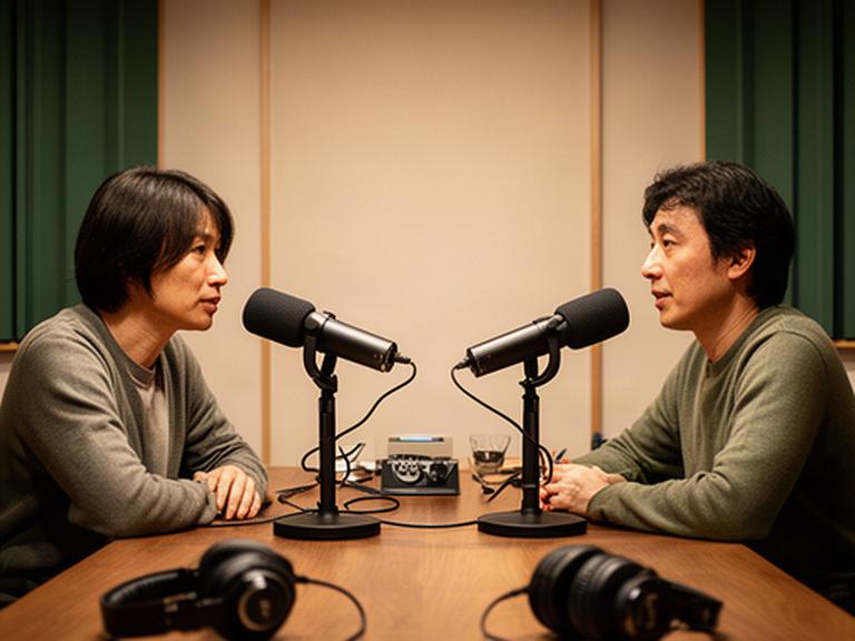 東京の録音スタジオで向かい合う出演者と、距離を調整した2本のマイク