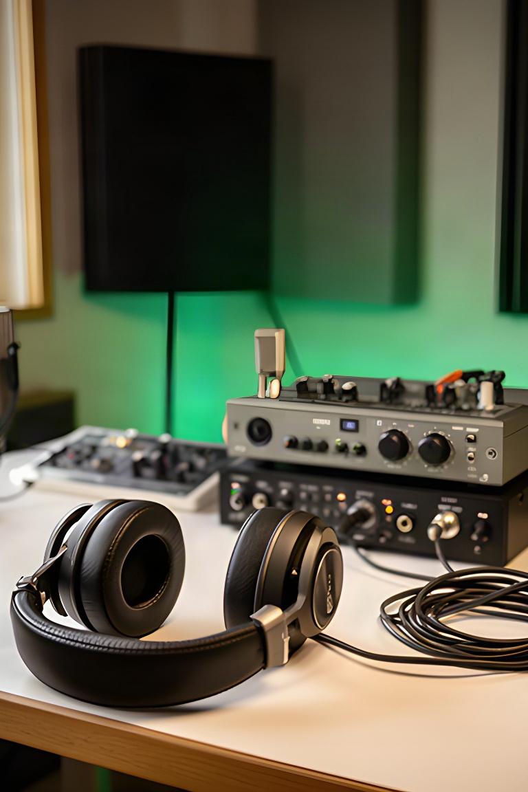 奥沢の録音スタジオにある作業机。ヘッドホンと音声編集用の機材を配置