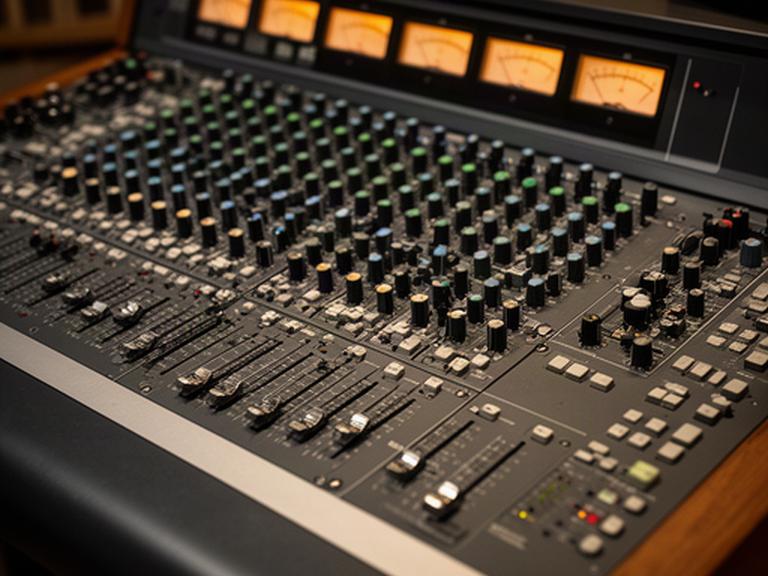 奥沢スタジオのミキシング卓。収録音声を確認しながら調整する機材