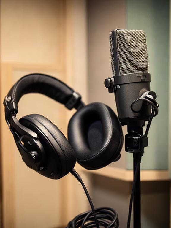 収録ブースに置かれたヘッドホンとマイク。収録前の音声確認に備えた状態