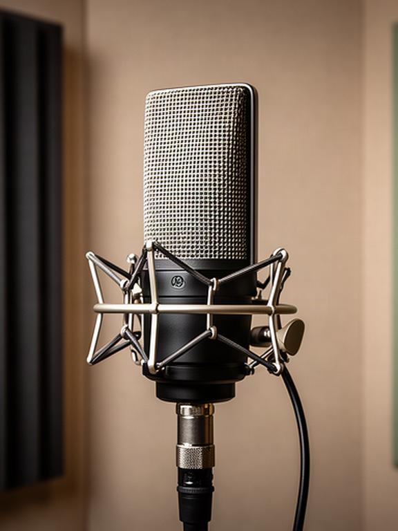 奥沢の録音ブースで、声の高さに合わせて位置を調整したスタジオマイク