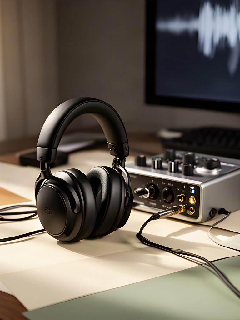 編集卓の横に置かれたヘッドホンと音声インターフェース、収録素材を確認する準備が整った机