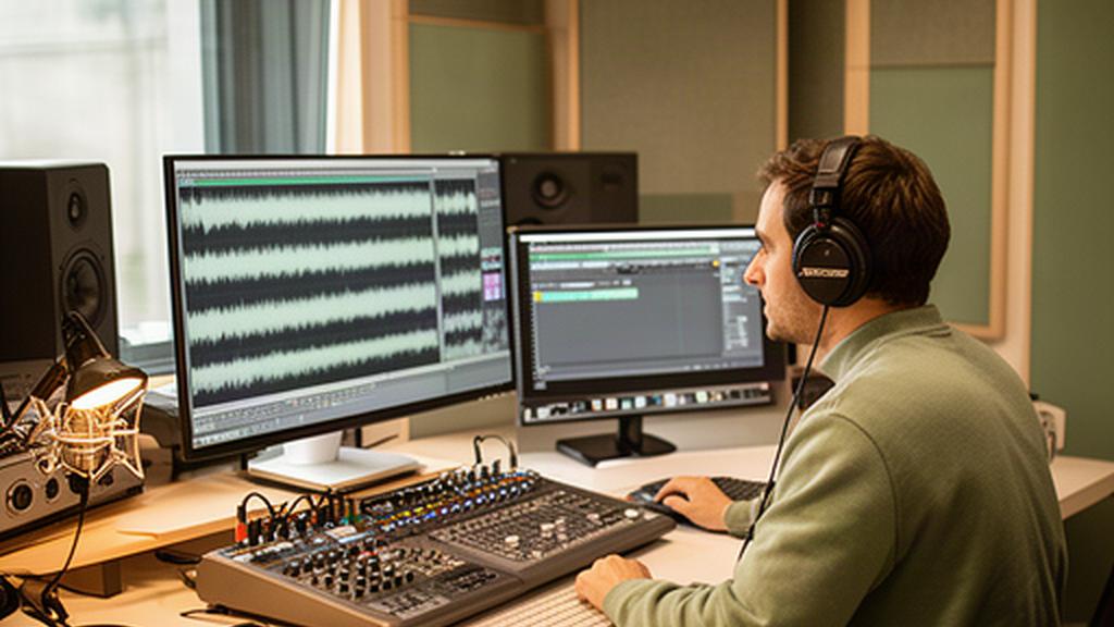 奥沢のスタジオデスクで、音声波形を確認しながら編集作業を進めるエンジニア