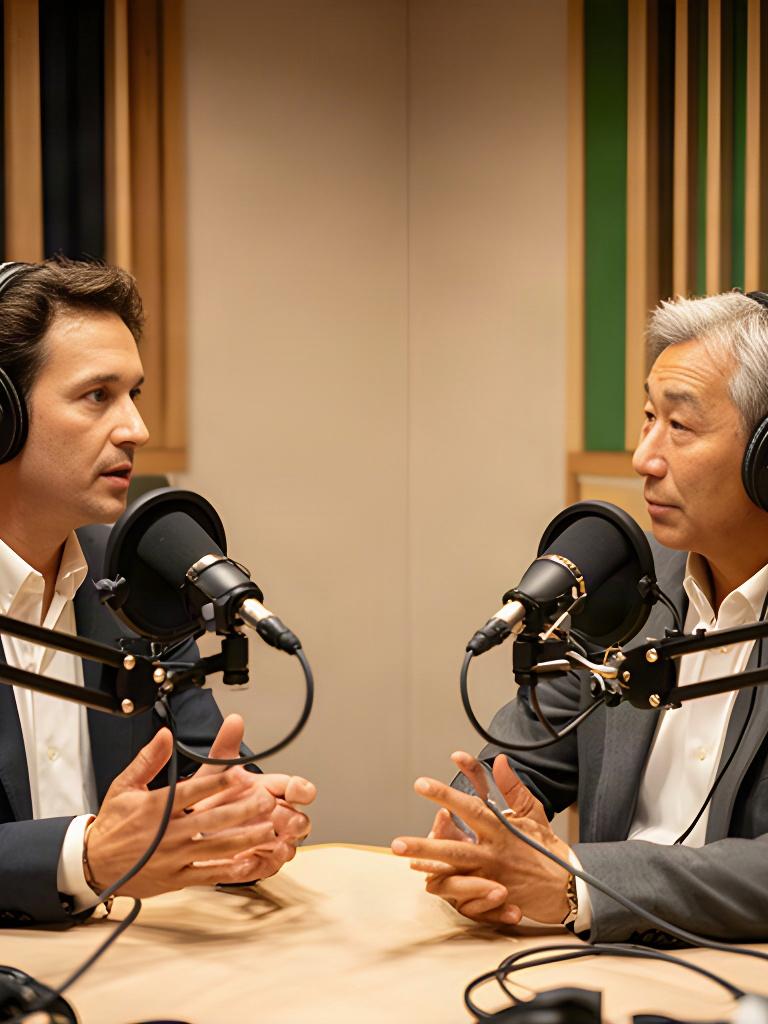 東京の録音スタジオで、企業ポッドキャストのホストとゲストがマイク越しに対談を収録する様子