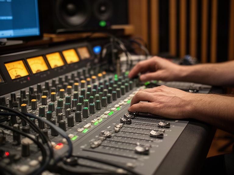 奥沢の録音スタジオで、収録音声の入力レベルを確認するミキシングコンソール
