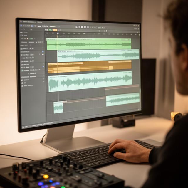 ポッドキャスト編集画面に音声の波形が並び、発話の間を整える作業をしているモニター