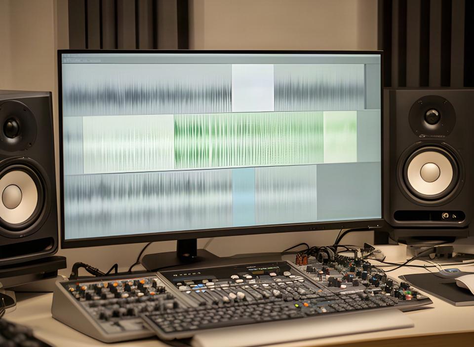 音声編集ソフトの画面に表示された波形と、収録音声を確認するモニター環境