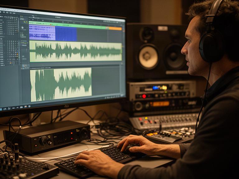 エンジニアが編集画面を見ながら対談音声の波形と音量を確認する作業風景