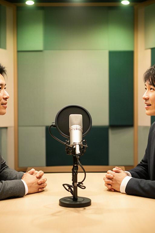 奥沢の収録ブースでマイクを挟んで話すインタビュアーとゲスト