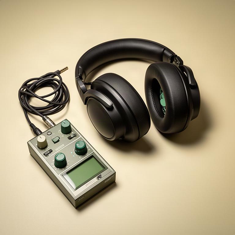 仕上がりを確認するためのスタジオヘッドホンと音声調整機材