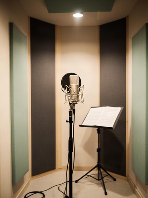 吸音材を備えた奥沢の録音ブースにマイクと譜面台を設置した収録環境