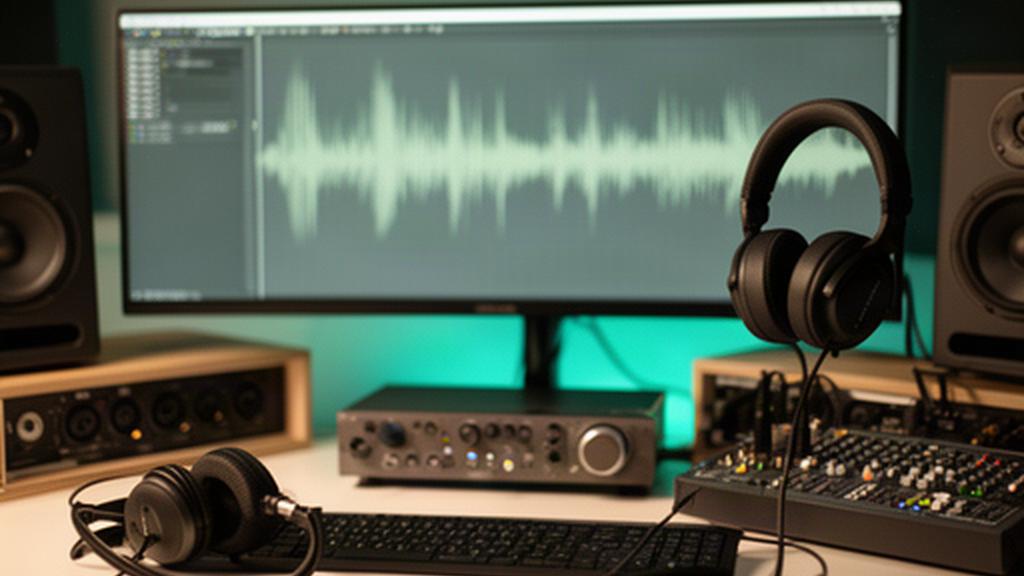 収録後の音声を確認するため、編集用モニターとヘッドホンを整えた音声編集デスク
