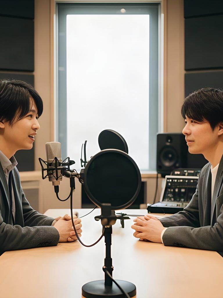 奥沢の収録スタジオで社員と聞き手が向き合い、マイクを前に落ち着いて話すインタビュー風景