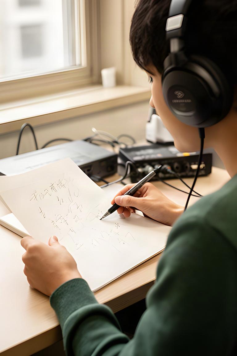 採用担当者がヘッドホンで社員インタビューの編集音源を確認し、メモを取っている様子