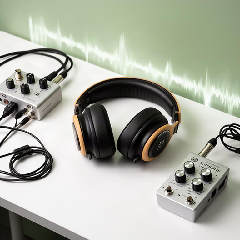 採用ポッドキャストの音質を確かめるため、編集デスクに置かれたヘッドホンと音声機材