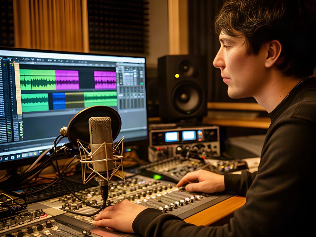 録音スタジオでエンジニアが収録レベルを確認し、社員インタビューの音声を調整している様子