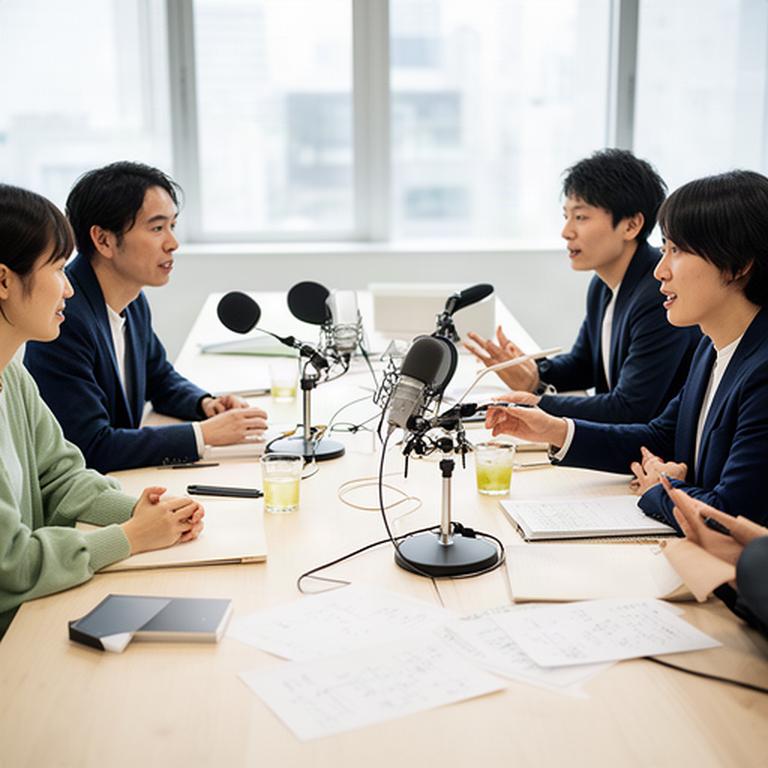 採用候補者に伝える仕事の話題を、社員数名がテーブルを囲んで相談している様子