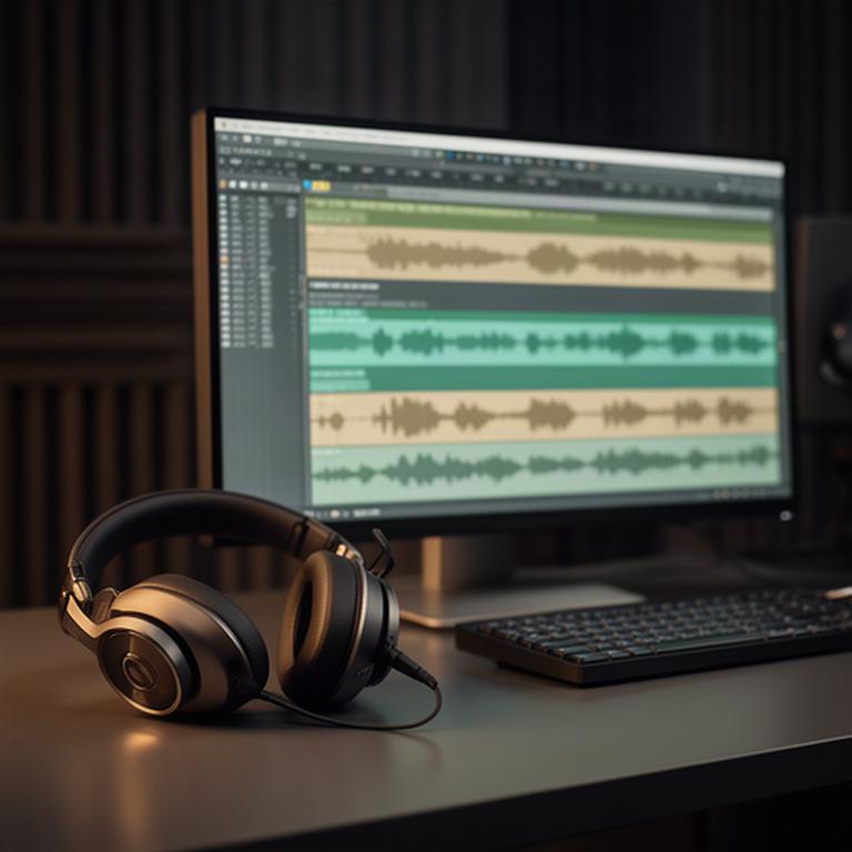 複数の音声トラックを表示した編集画面とスタジオのヘッドフォン、収録後の音声調整