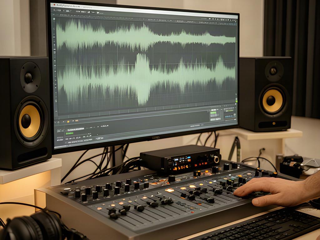 音声編集作業中のモニターとミキシング機材。波形を見ながらノイズや音量を調整している