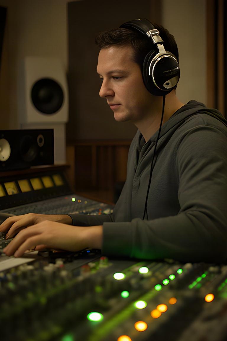 エンジニアがモニターヘッドホンでインタビュー音声を確認する様子。調整卓のメーターが点灯している